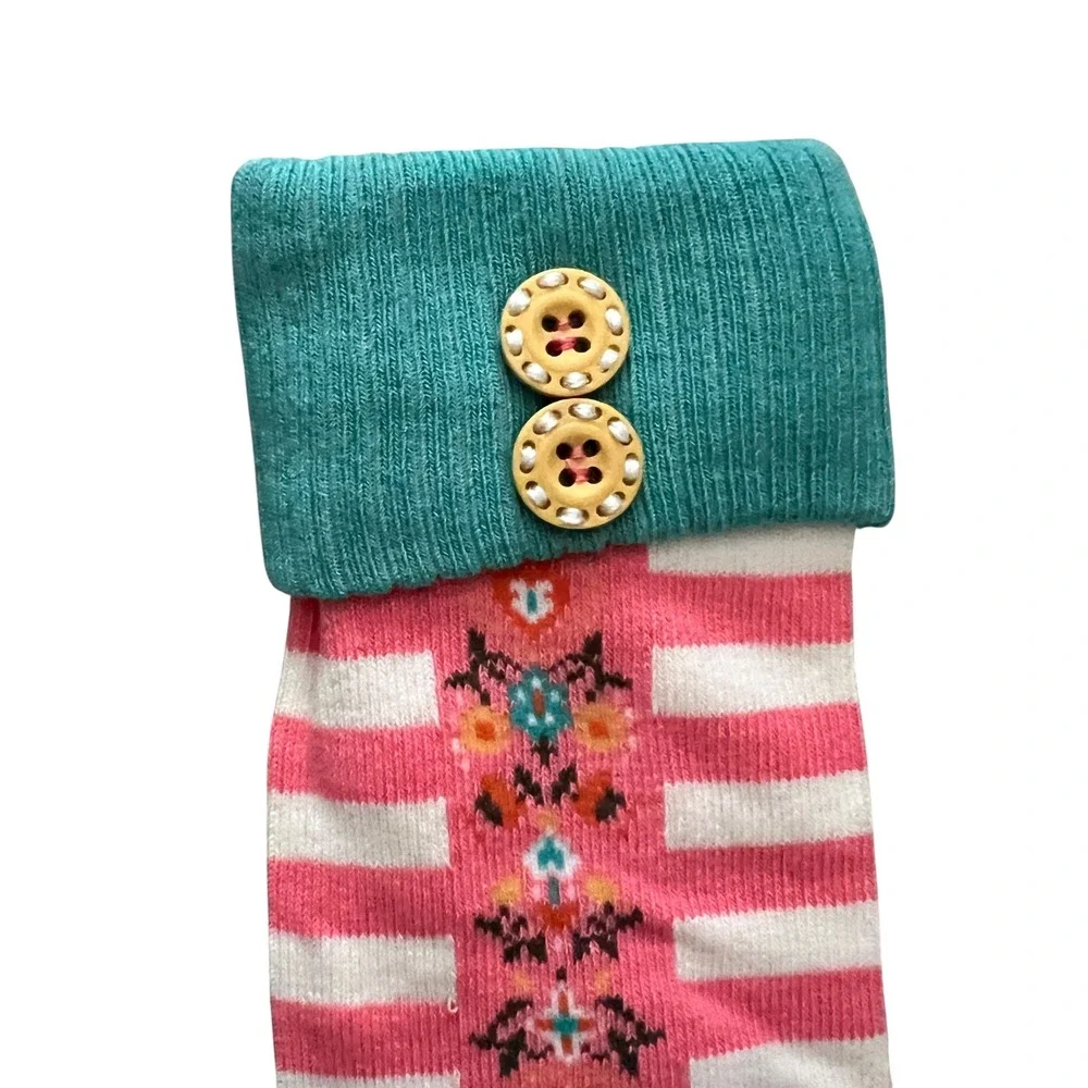 Matilda Jane Girls Socks Knee High Pink Striped Teal Cuff Button Size S‎
